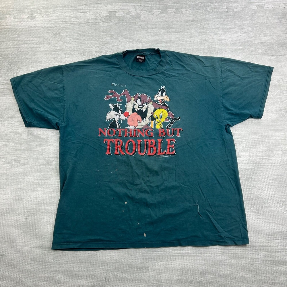 Vintage 90s Looney Tunes Shirt Size XXL Green Nothing But Trouble Taz Tweety